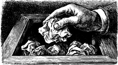 Hand holding crumpled paper in a box. Black and white vector illustration depicting waste and clutter in a simple, artistic style.