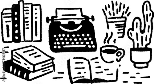 Typewriter, books, coffee, and cactus in a hand-drawn black and white vector illustration. A cozy workspace set with a minimalistic design.