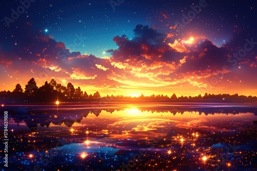 Vibrant Sunset Reflection on a Starry Lake with Magical Glowing Water
