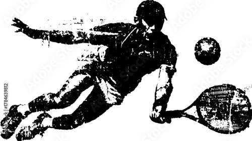 Tennis player diving for the ball in action. Dynamic silhouette vector illustration depicting sport performance in a vintage style.