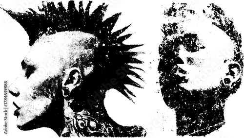 Engraving print of a male figure with a mohawk hairstyle. Detailed silhouette in black, vector illustration set on a white background.