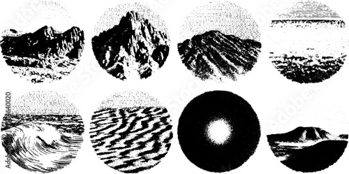 Antique engraving illustrations depicting various landscapes including mountains, hills, and ocean waves. Black and white vector illustration set.