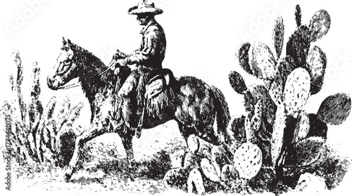 Cowboy riding a horse near cacti in a western desert scene. Vintage black and white vector illustration with detailed ink drawing style.