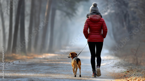 Person walking dog through misty forest path, breath visible in cold air, soft light.