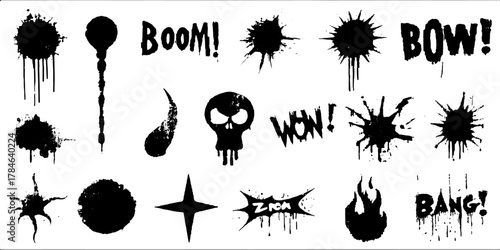 Dynamic splash effects and ink splatters in a black graphic illustration. This set features bold designs and textures in vector format.