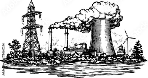 Vintage engraving of an industrial power plant featuring smoke and a power tower. The set depicts factory elements and renewable energy in vector illustration style.