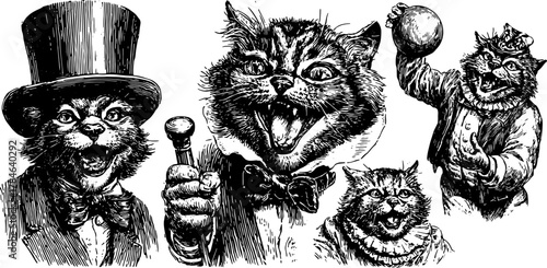 Cat illustrations in vintage engraving style. Black outline drawings portray playful characters in a circus theme, featuring a set of jester and entertainer vector illustrations.