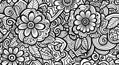 Seamless Intricate Floral and Paisley Pattern Design in Black and White, Detailed Ethnic Flower Swirl Background