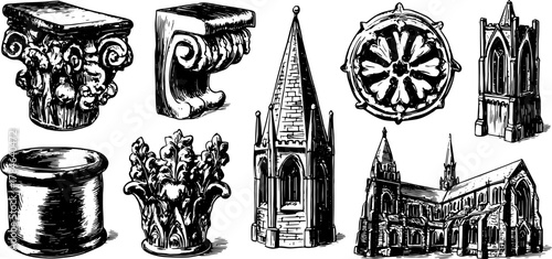 Architectural elements in vintage style: column, church facade, and ornate details. Classic vector illustration showcasing historic architecture in a set.