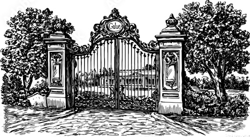 Vintage black and white illustration of an ornate gate. Detailed set drawing with trees and a scenic landscape, suitable for various decorative uses in vector format.