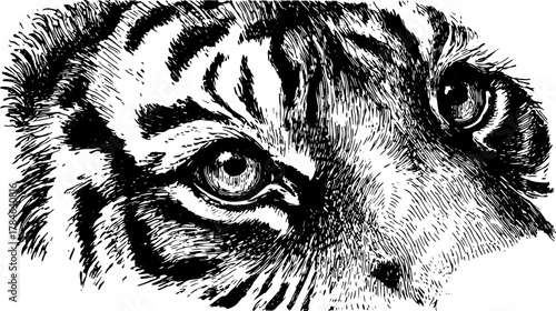Tiger portrait in black and white. Realistic vector illustration capturing details of the eyes and texture in an artistic style.