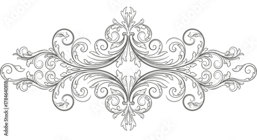 Symmetrical ornate decorative border with intricate scrollwork and abstract floral elements, ideal as a elegant divider on an isolated white background.