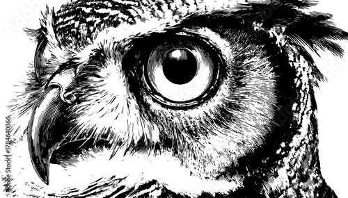 Owl illustration showcasing a detailed eye and feathers. Black and white, realistic vector artwork emphasizing wildlife and nature.