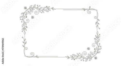 Simple Rectangular Frame with Minimalist Floral Border and Delicate Leaves on an Isolated White Background