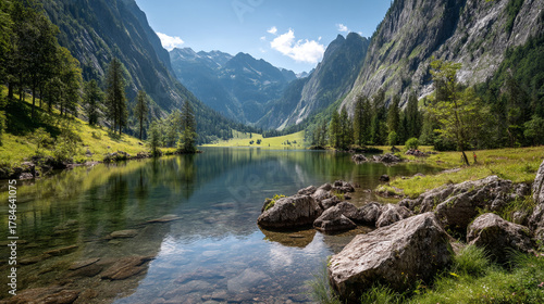 A scenic view of a lake surrounded by mountains and trees on a sunny day