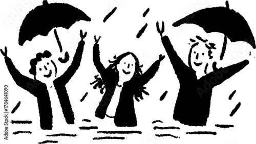 Three cheerful people wave under rainy weather with umbrellas. Simple black and white vector illustration set showcasing joy in the rain.