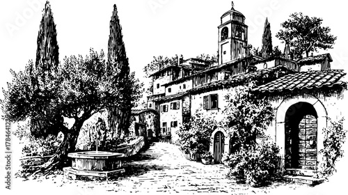 A quaint village featuring vintage architecture with trees and a fountain. Black and white vector illustration in an outdoor rural setting.