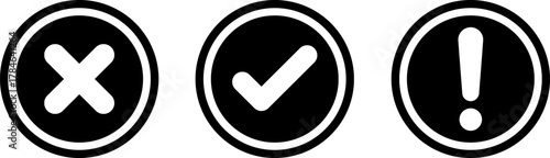 Three oval icons cross check and exclamation mark
