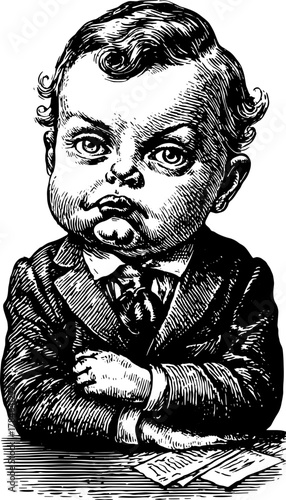 Silhouette of a boy in antique engraving style. Vintage black drawing featuring a seated character in formal attire presented as a vector illustration.