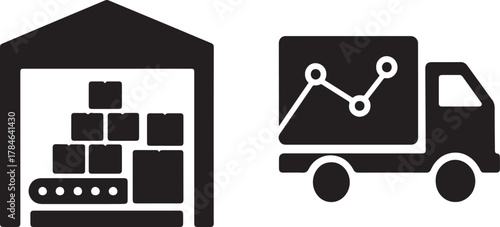 Warehouse with stacked boxes and conveyor belt vector, logistics storage and industrial transport design.
