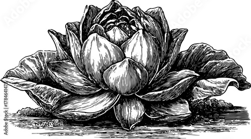 Lotus flower in black and white outline style. Detailed vector illustration showcasing its elegant and decorative botanical form in a vintage style set.