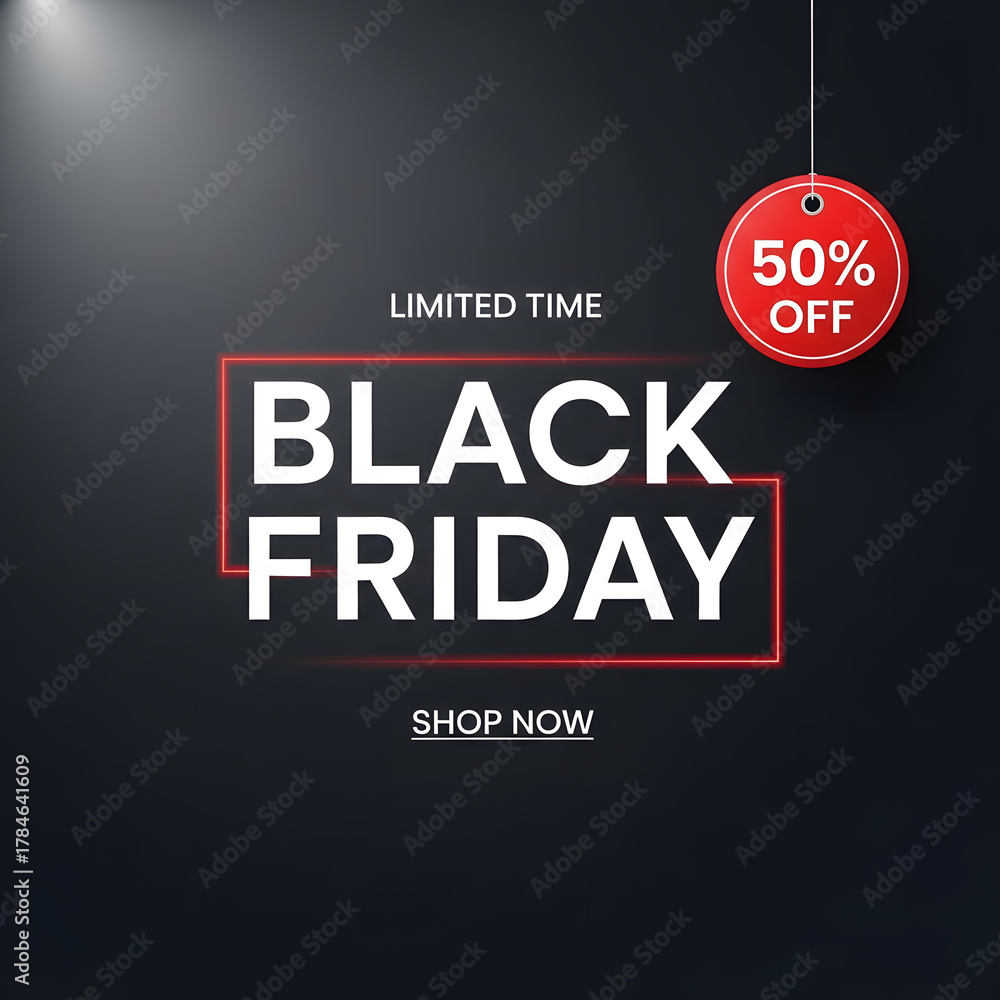 Fototapeta premium Limited time Black Friday sale vector poster illustration with glowing red neon frame and circular 50 percent off discount tag shop now
