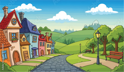 Cartoon village street with colorful houses and rolling green hills