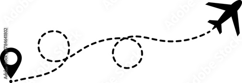 Airplane flying along a dotted route from a location pin