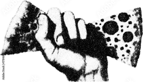 Pizza held in a fist silhouette. Detailed black and white vector illustration with stipple texture and fine line drawing, in a vintage style set.