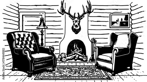 Engravings of a cozy cabin interior featuring vintage furniture and a fireplace. Hand-drawn vector illustration with decorative details and warm textures.