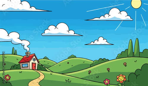 Cartoon countryside house with rolling green hills and smiling flowers