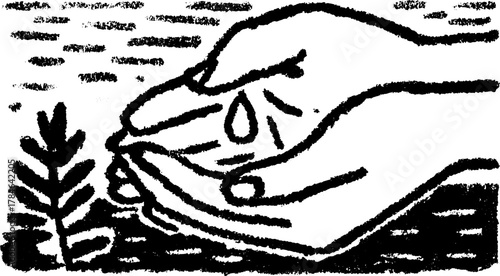 Hand holding a teardrop with a leaf at the bottom. Simple vector illustration conveying themes of nature and emotion.