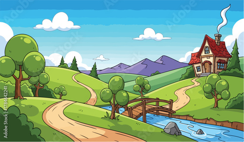 Cartoon cottage on rolling green hills with a wooden bridge over a stream