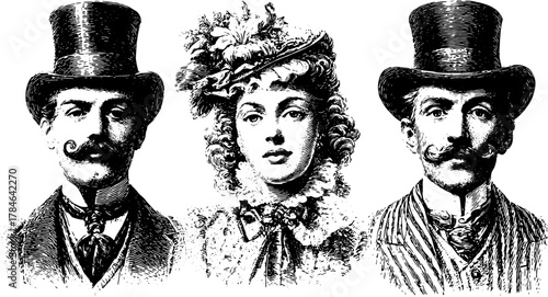 Vintage engravings set of three figures, two men and one woman, featuring distinct clothing and hairstyles. A classic vector illustration capturing historical fashion.
