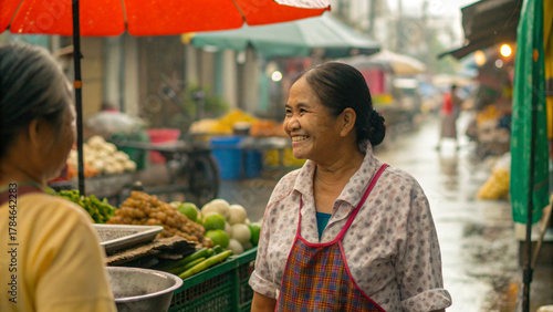 Fototapeta Naklejka Na Ścianę i Meble -  old Asian woman selling fresh fruit and vegetables in a market
