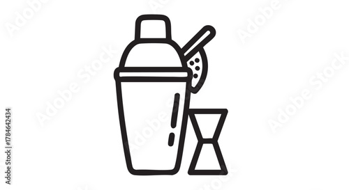 22. cocktail shaker with strainer and jigger outline icon vector
