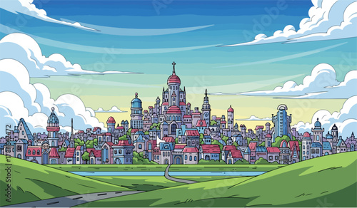 Cartoon Cityscape with River and Rolling Hills illustration