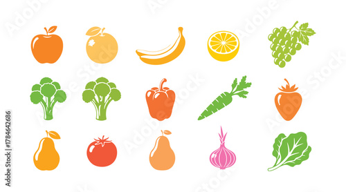 Vector icons of monochromatic fruits and veggies for your design and app. Raw style. Vector files included.

