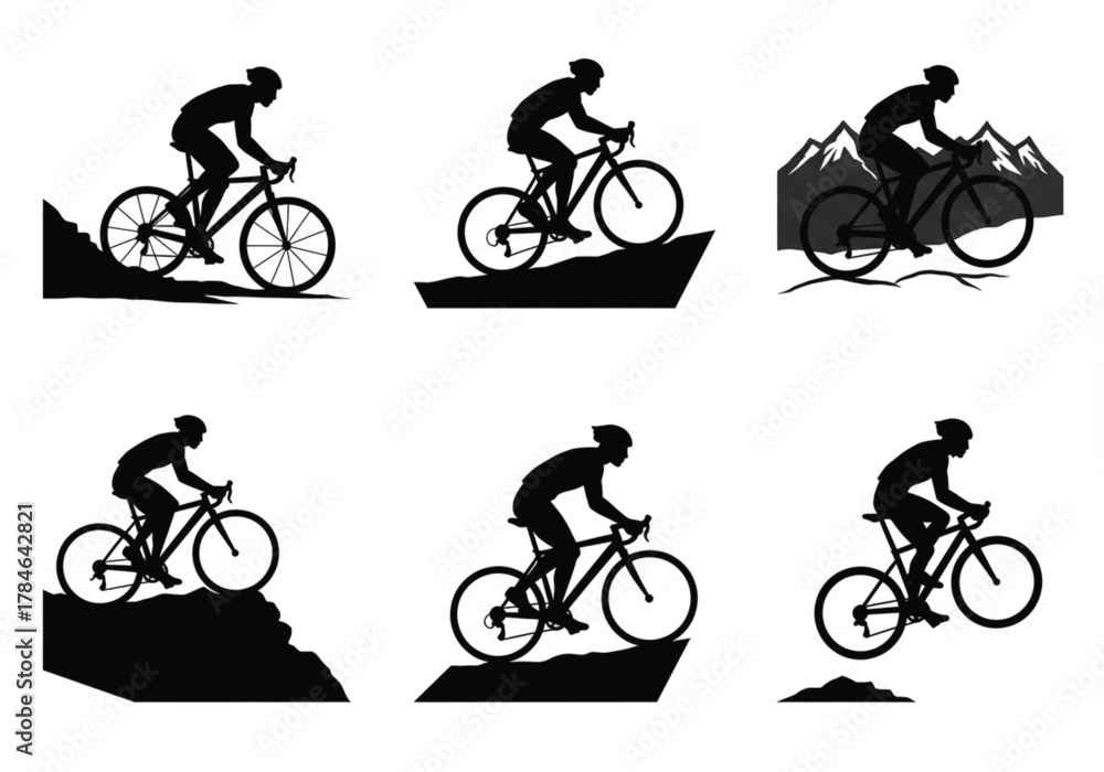 Obraz premium Mountain biker silhouette illustration set showing cycling on rough terrains, adventure sports concept, outdoor mountain biking vector collection for design and decoration