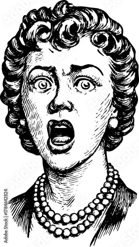 Woman in shock with a loud scream. Vintage black and white illustration depicting intense emotions in a retro vector style.