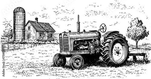 Vintage tractor in black and white outline. Illustration of a rural farmhouse and silo set in a landscaped field, showcasing agricultural life as a vector image.