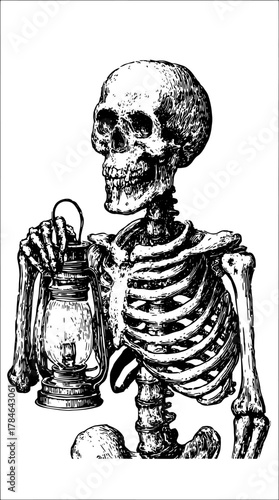 Skeleton holding a lantern in vintage style. Black and white vector illustration set.