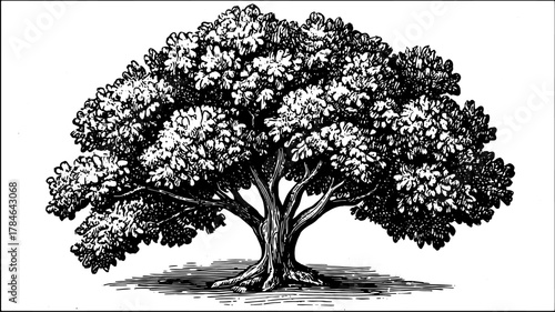 Outline of a vintage tree illustration. Black and white engraving style in vector format, showcasing classic foliage and natural scenery.