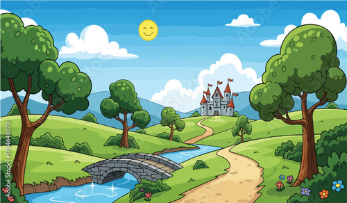Cartoon castle on a hill with a winding path and bridge