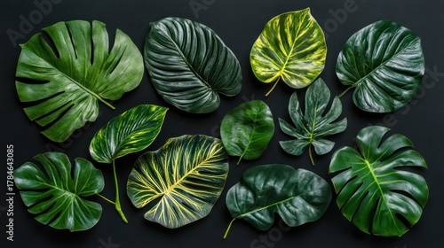 Tropical Leaf Collection: A Lush Arrangement of Exotic Foliage on Dark Background