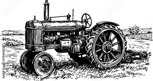 Vintage tractor in black and white outline. Detailed vector illustration showcasing agricultural equipment in a rural landscape.