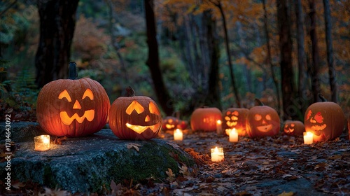 Wallpaper Mural Spooky Halloween pumpkins with carved faces and lit candles glow eerily on the ground, creating a captivating festive night atmosphere perfect for seasonal celebrations and decorations. Torontodigital.ca