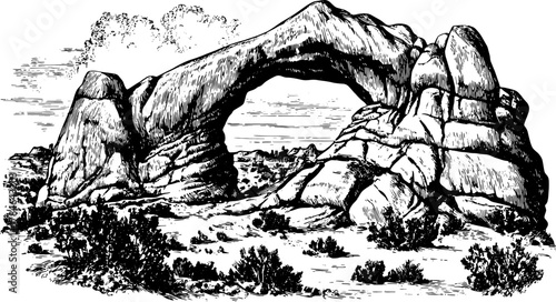 Arch rock formation in vintage engraving style. Detailed black drawing showcasing geological features in a scenic landscape vector illustration.