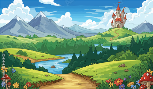 Cartoon Castle on Rolling Green Hills with Mountains and River