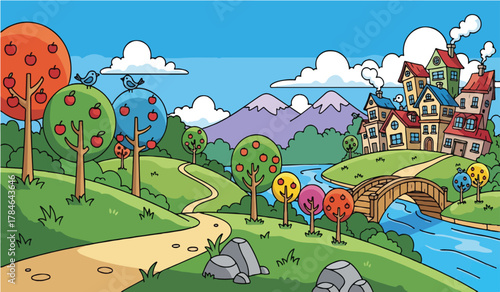 Cartoon Apple Orchard Village with River and Mountains